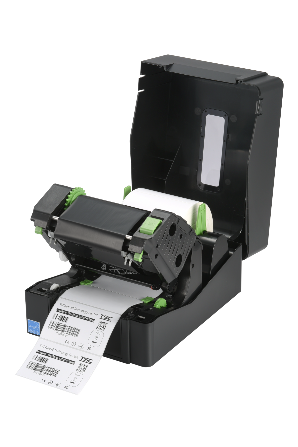 Juoda etikečių spausdintuvas spausdina etiketę su brūkšniniais kodais ir tekstu.