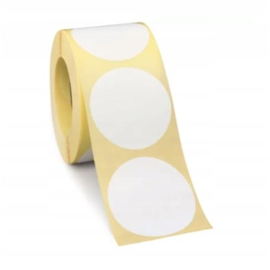 Geltonos spalvos lipnių etikečių ritinys su baltomis apvaliomis etiketėmis.