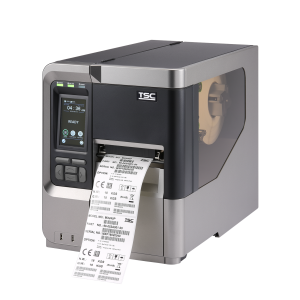 Pramoninis etikečių spausdintuvas su išspausdintomis etiketėmis.