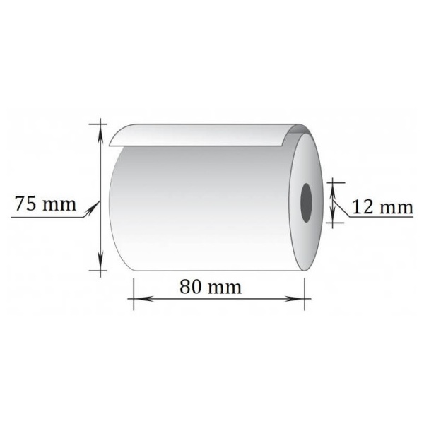 Ritininio popieriaus ritinys su išmatavimų žymėjimais: 75 mm aukštis, 80 mm plotis ir 12 mm vidinis skersmuo.