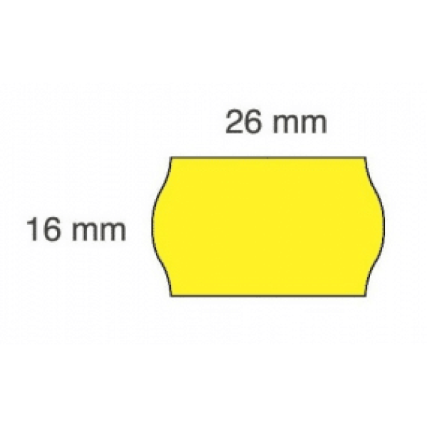 Geltonos spalvos apvalkalas su matmenų žymėmis: plotis 16 mm, aukštis 26 mm.