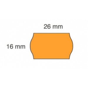 Oranžinės spalvos geometrinė figūra su išmatavimais: 26 mm plotis ir 16 mm aukštis.