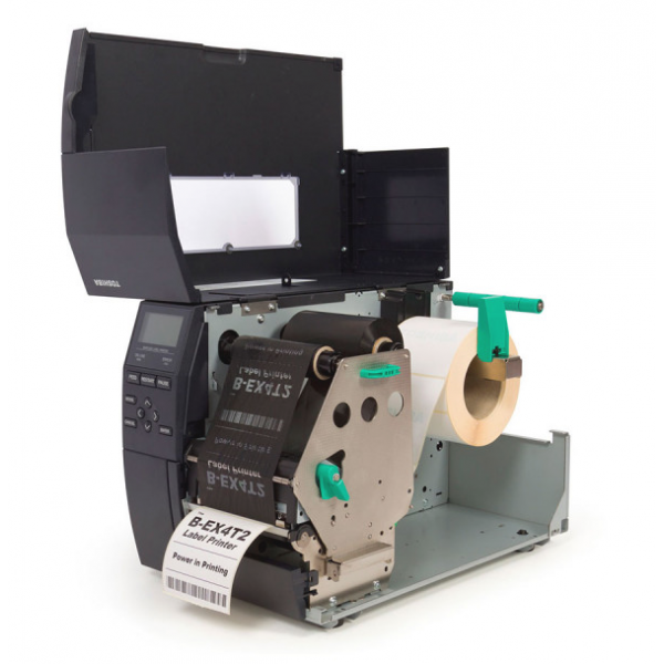 Spalvotas etikečių spausdintuvas su atidarytais skydeliais, rodomi vidiniai mechanizmai ir spausdinimo juosta.