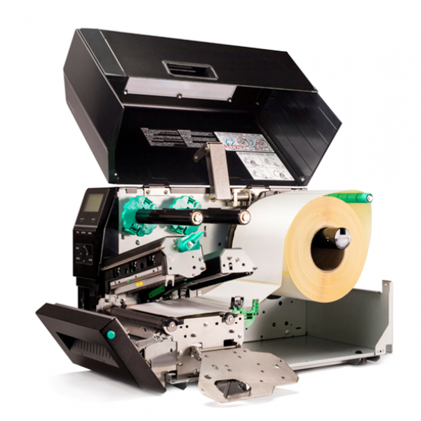 Pramoninis etikečių spausdintuvas su juoda plastikine apsauga viršuje ir etikečių ritinio laikikliu šone.