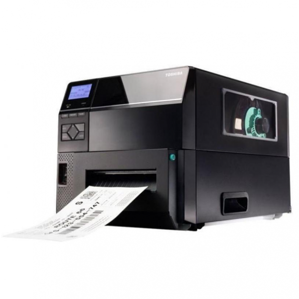 Juoda Toshiba spausdintuvas, iš kurio išeina išspausdintas dokumentas.