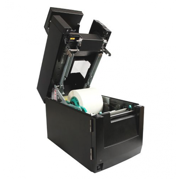 Juoda spalvos etikečių spausdintuvas atidarytas, matomas spausdinimo mechanizmas ir etikečių ritinys.