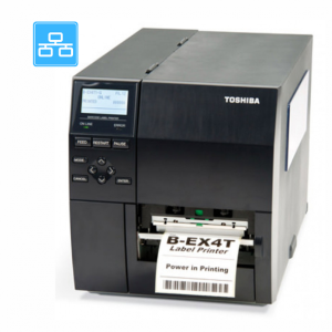 Juodas Toshiba B-EX4T etikečių spausdintuvas ant baltos fonas.
