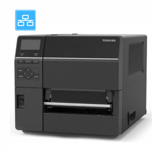 Juodas Toshiba prekės ženklo pramoninis spausdintuvas.