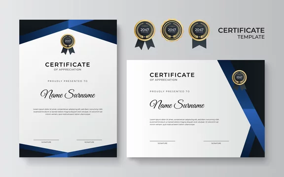 Dvi padėkos sertifikato šablonų versijos su juodos, mėlynos ir aukso spalvų dizainu ir vieta vardui bei pavardėi.