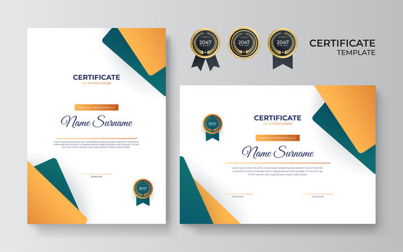 Dizaino šablonas sertifikatams su oranžinėmis ir pilkomis geometrinėmis formomis bei apdovanojimo ženkleliais.