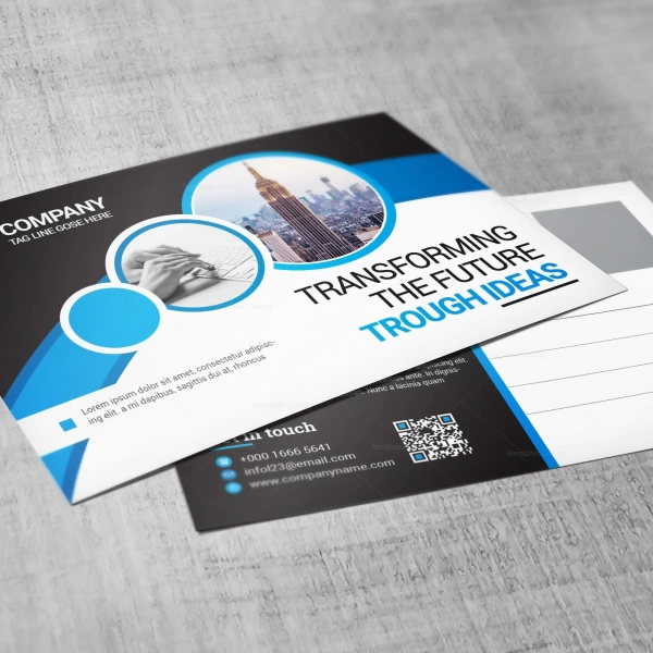 Verslo vizitinė kortelė su mėlyna ir balta spalvų schema, teikianti informaciją apie įmonę ir užrašu "TRANSFORMING THE FUTURE THROUGH IDEAS", bei atspaudu su miesto siluetu.