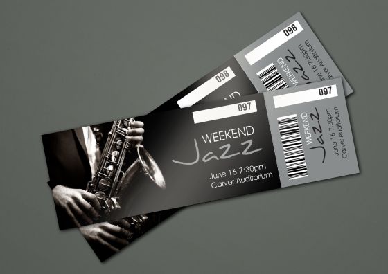 Dvi dvigubo dizaino džiazo koncerto bilietų atspaudai su saksofono atvaizdu ir tekstu 