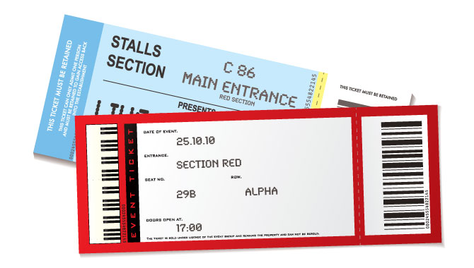 Dvi koncerto bilietų iliustracijos su datomis, sėdimų vietų informacija ir brūkšniniais kodais.